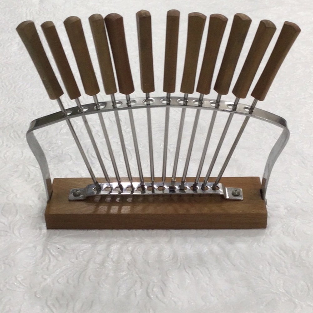 12 Wooden Handle Stainless Steel Hors D'Oeuvre Picks Set with Stand No. 3759 NIB